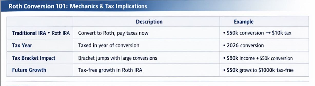 Roth conversion tax mechanics table showing Traditional IRA to Roth IRA conversion steps, tax year timing, bracket impact on $80k income plus $50k conversion, and tax-free future growth from $50k to $100k