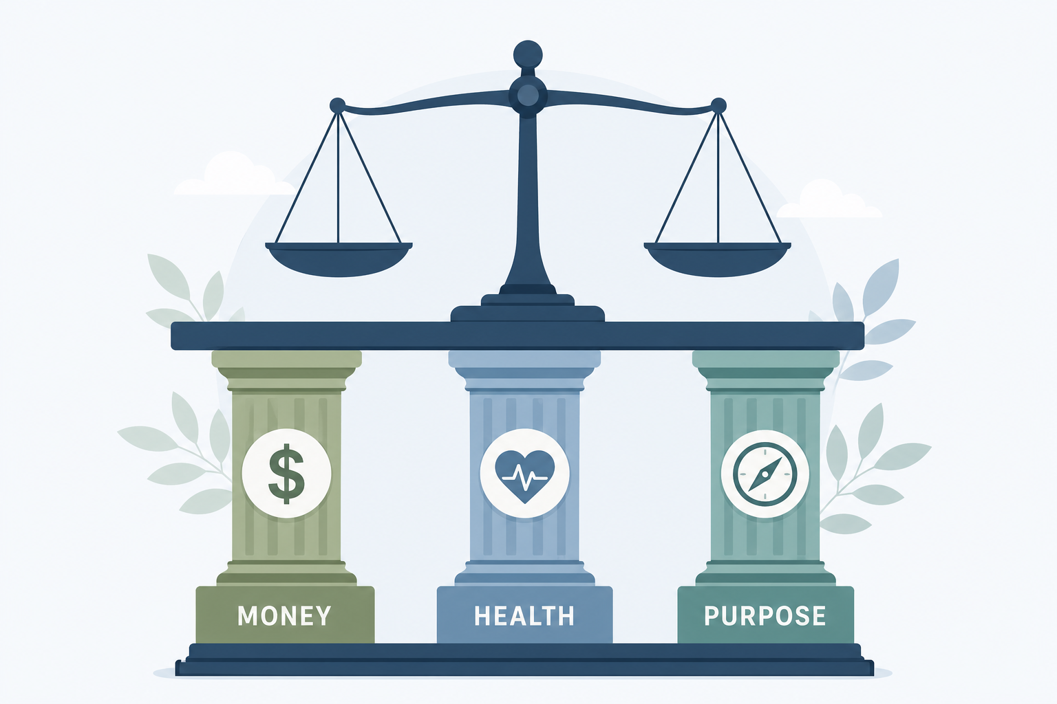 Symbolic pillars representing finances, wellbeing, meaning, and preparedness for retirement readiness