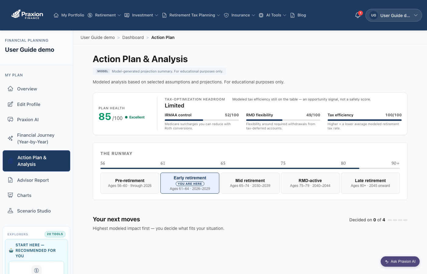 Action Plan & Analysis: Plan Health 85/100, a tax-optimization headroom panel with IRMAA control, RMD flexibility and tax efficiency scores, the Runway of five retirement phases with the current one marked, and the Your next moves heading