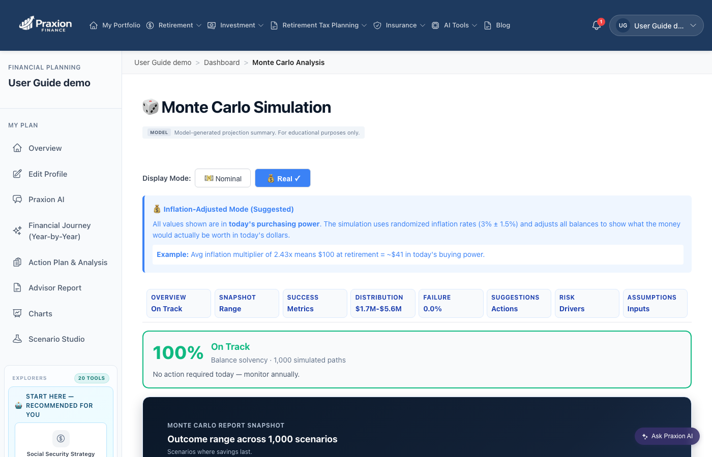 Monte Carlo page in today's dollars: section tabs (Overview, Snapshot, Success, Distribution, Failure, Suggestions, Risk, Assumptions), a 100% On Track result across 1,000 simulated paths, and the start of the outcome-range snapshot