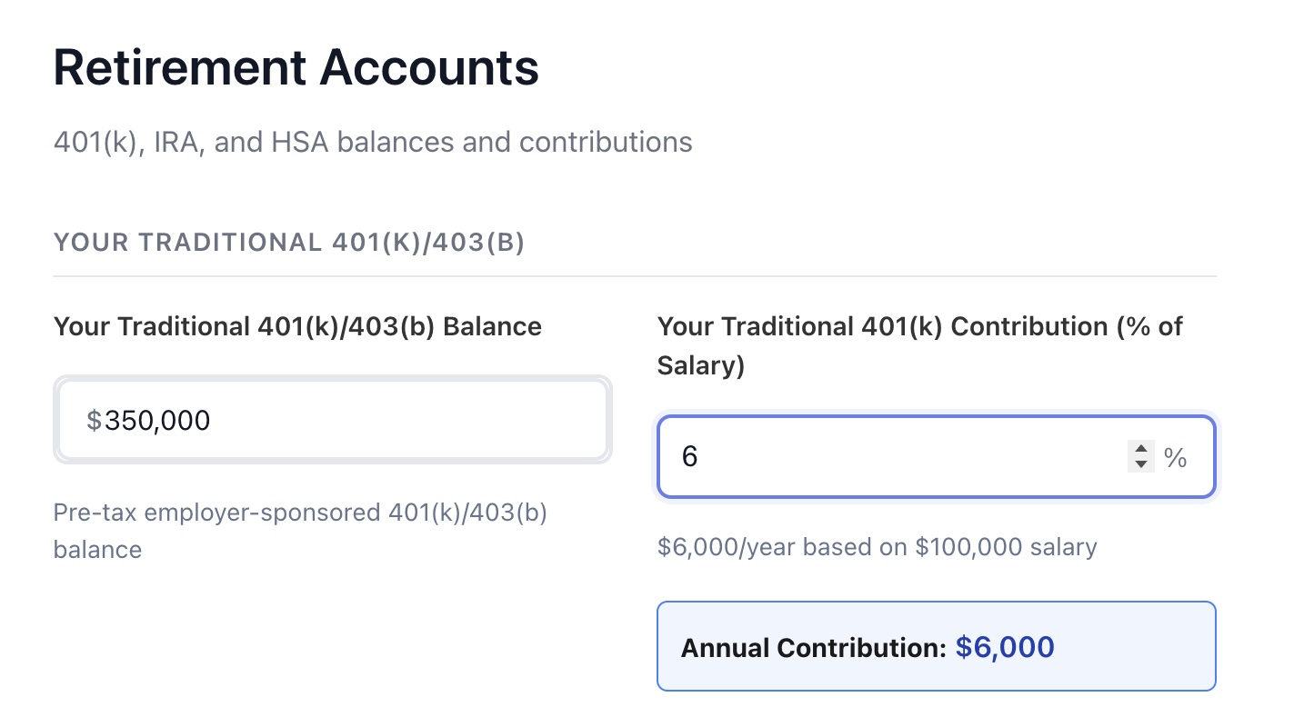 Editing a retirement account card: 401(k) balance of $350,000 with a 6% contribution rate