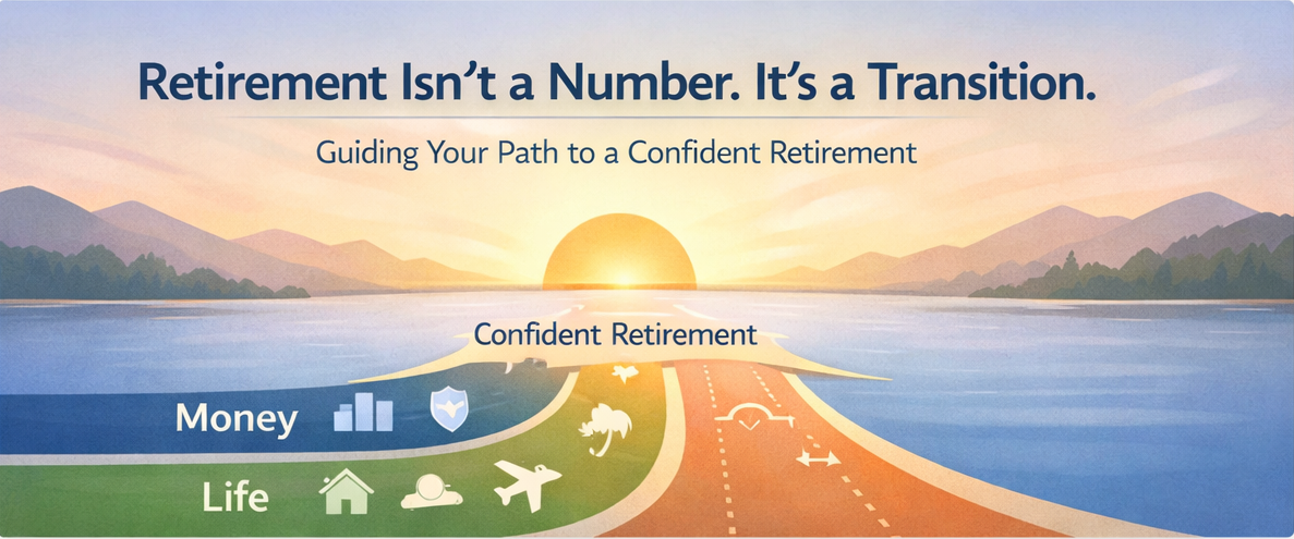 Illustration showing financial, lifestyle, and emotional paths converging into a confident retirement