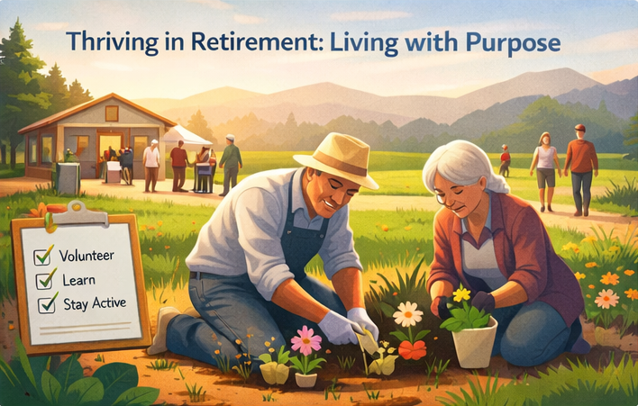 Retired individual living with purpose, maintaining social connections, and enjoying financial security