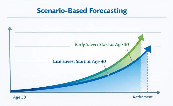 Early vs late retirement savings growth comparison showing how starting early leads to significantly more wealth through compounding