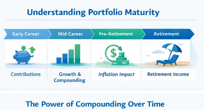 Portfolio maturity explained with timeline showing Early Career, Mid Career, Pre-Retirement, and Retirement phases with contributions and compounding growth