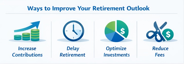 Retirement planning actions to improve outcomes: Increase Contributions, Delay Retirement, Optimize Investments, Reduce Fees